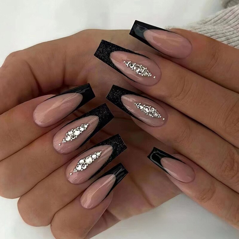 24Pcs Leopard Design False Nails Long Coffin Fake Nails with Rhinestone Wearable Ballet Press on Nails Full Cover Nail Tips