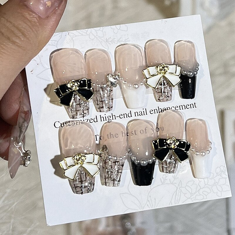 Handmade Luxury Short False Nails Art Glittery Rhinestone Press On Nail Y2K Reusable Full Cover Long Coffin Fake Nail With Glue