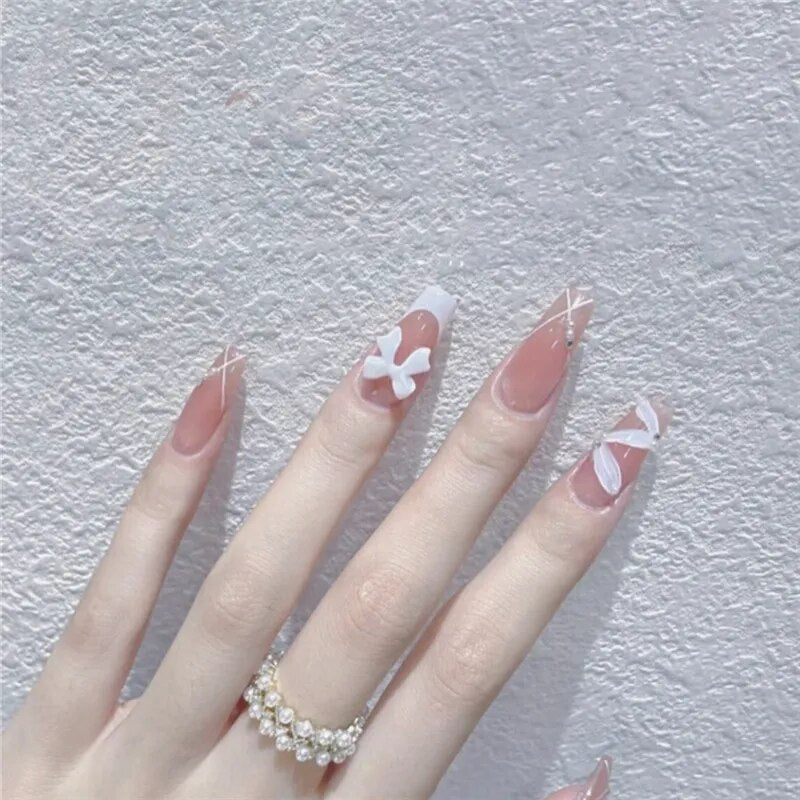 24pcs Wearable korean press on nails short ballet Artificial Nails with glue Cute sweet cool Pearl diamond Designs Fake Nails