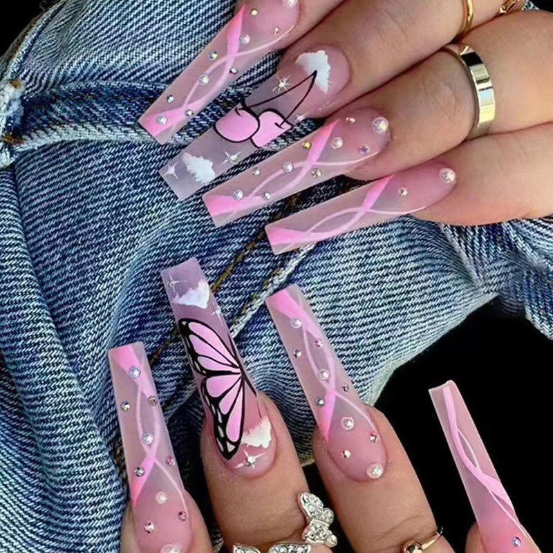 24pcs artificial nails pink french press on nails Sticker Fake Nails Tips With Glue Full Cover Detachable Finished Fingernails