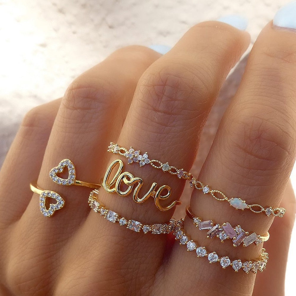 Bohemian Midi Knuckle Ring Set For Women Crystal Stars Moon Flower Love Crescent Geometric Coin Snake Finger Vintage Jewelry