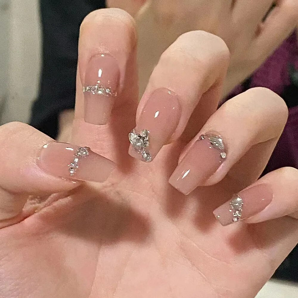 24pcs/box gradient French artifical nails with glue shiny star Fake Nails Lovely Girl korean press on nails ballerina False Nail