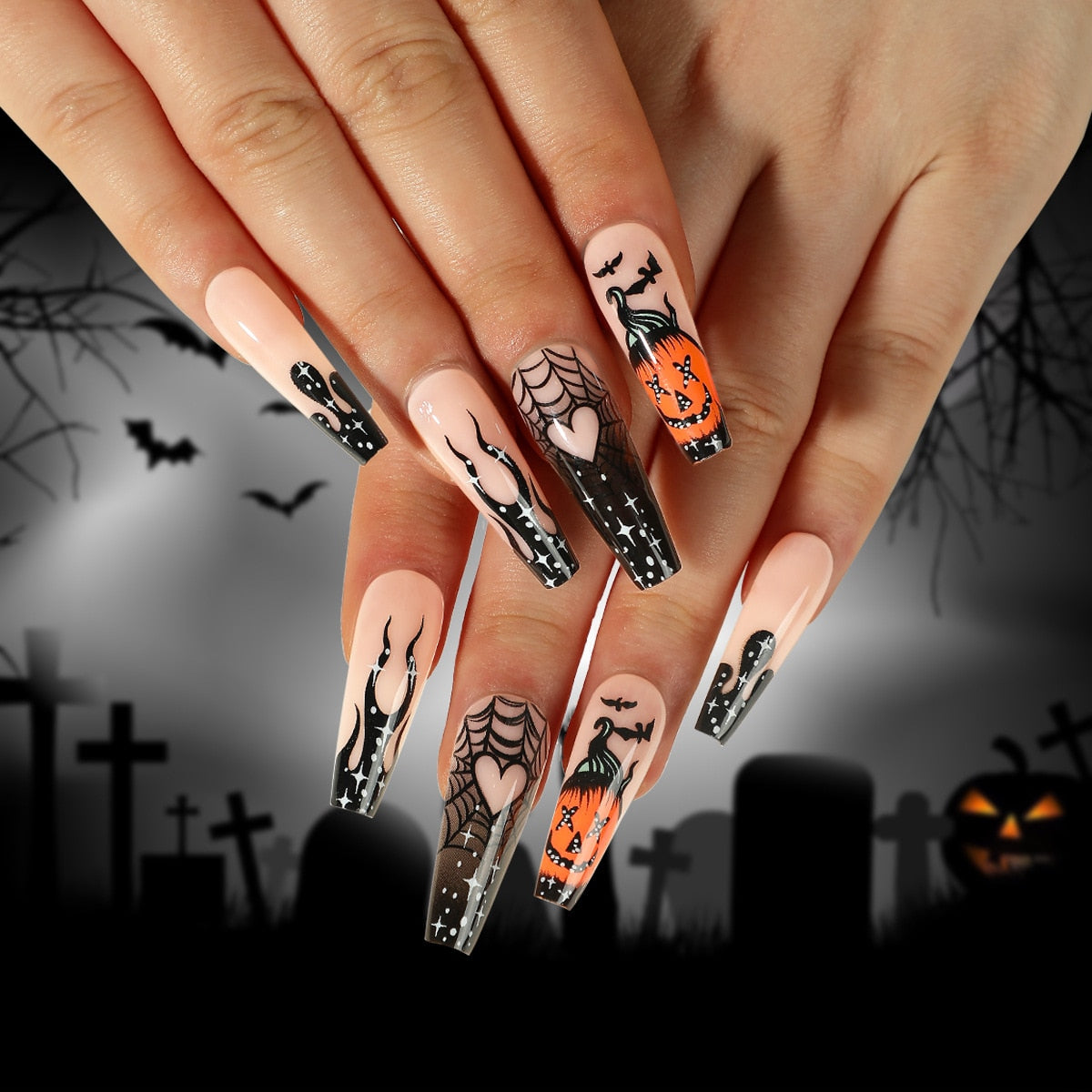 24Pcs Halloween Black Ghost Long Ballet False Nails With Heart Blood Design Halloween Press On Nails Detachable Full Cover Nails