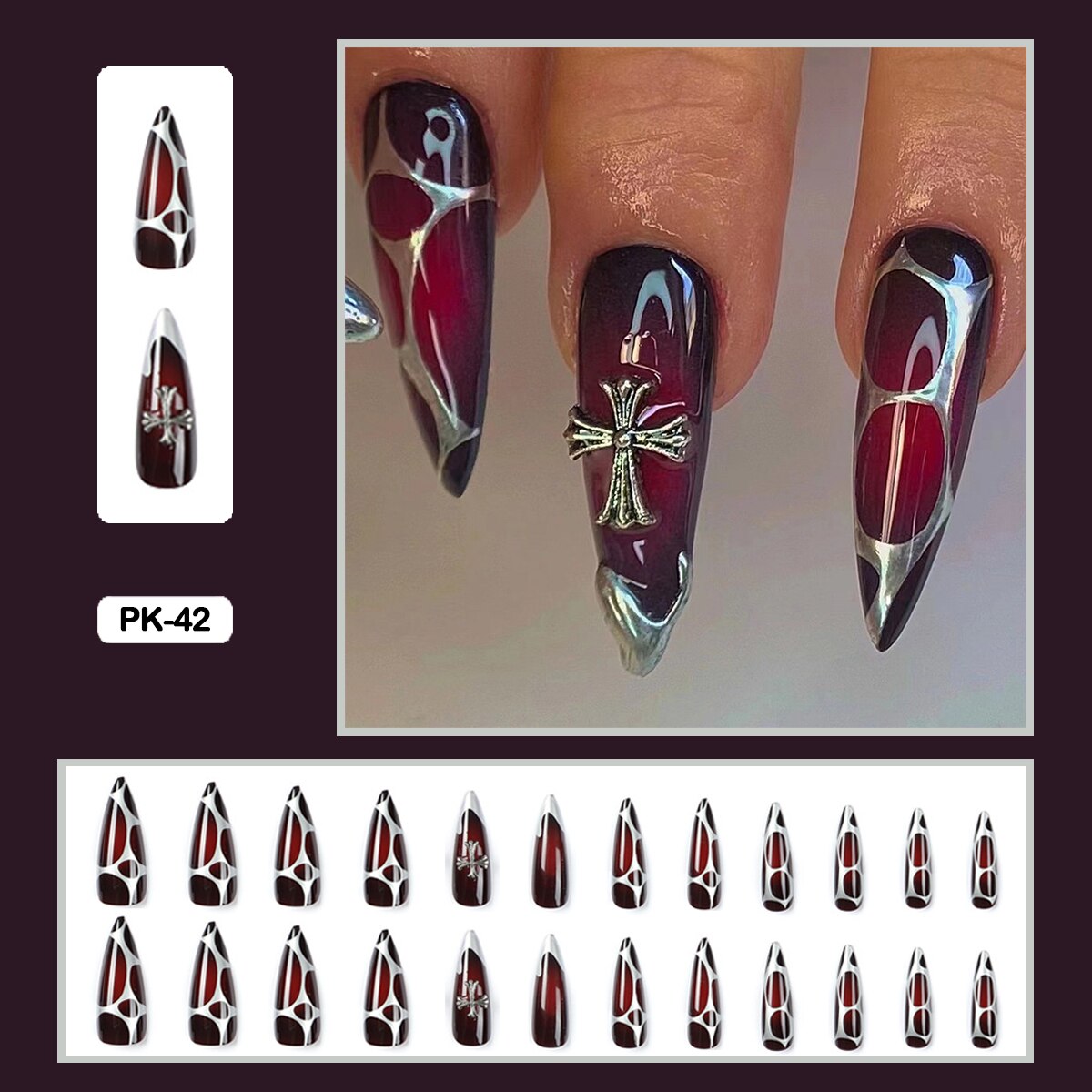 24PCS Dark Punk False Nails with Glue Gradient Long Detachable Fire Stick on Nails Skull Flame  Art DIY Fashion Manicure Tool