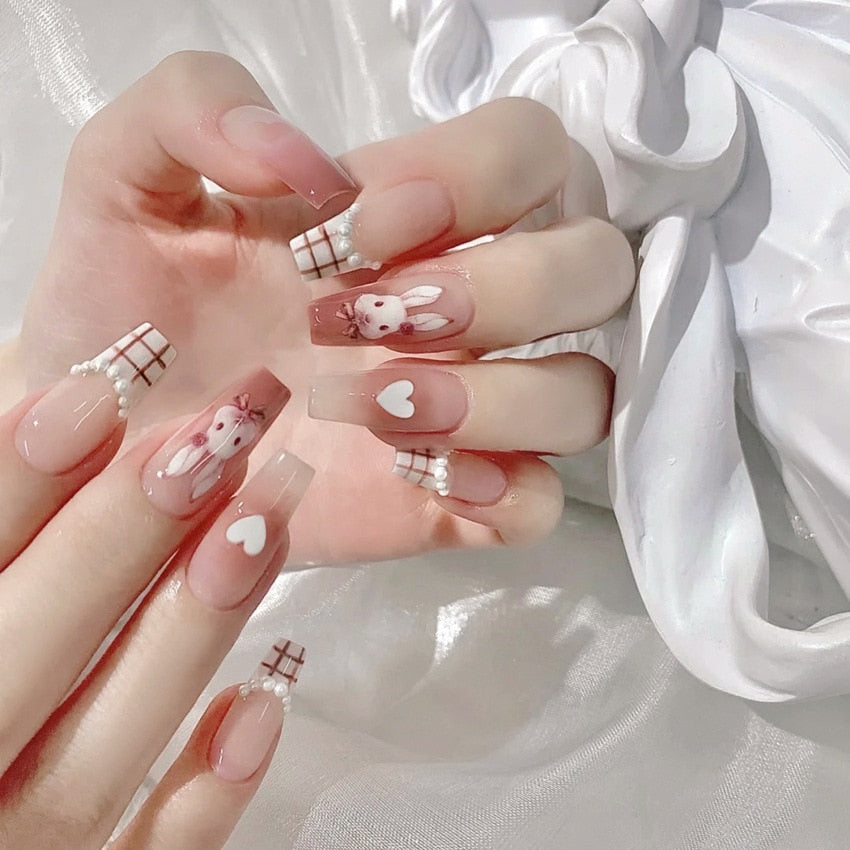 24pcs removeable y2k false nails with heart designs full cover french fake nail patch acrylic press on nails stick on white nail