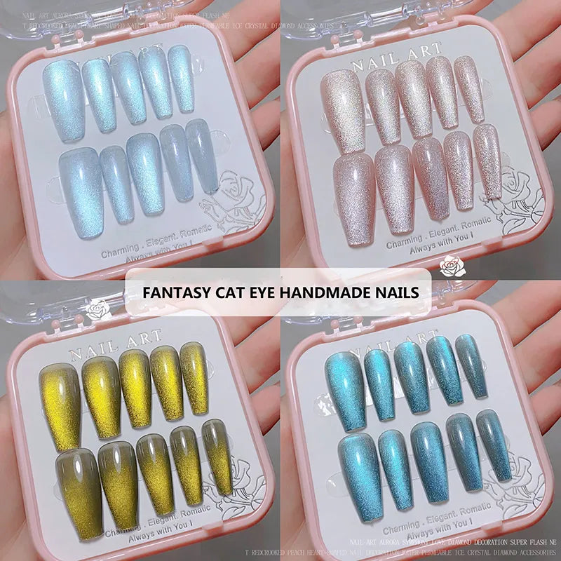 24pcs/box Crystal Cat Eye Shining Diamond Nail Patch Sparkling False Nail Press on Acrylic Nails Handmade Nail