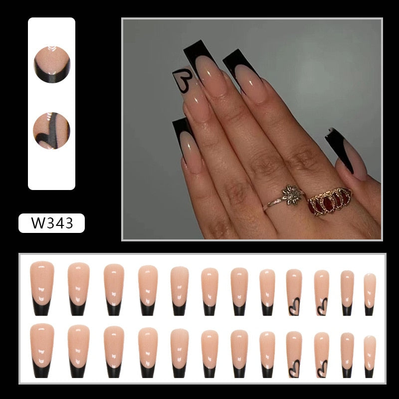 24Pc Wearable Coffin False Nails Sweet Cool Black Simple Love Press On Nails Long Ballet Stick Fake Nail Tips Full Cover Acrylic