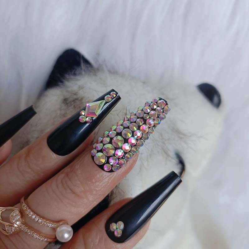 24pcs luxury jewelry ballet coffin fake nails crystal diamond black