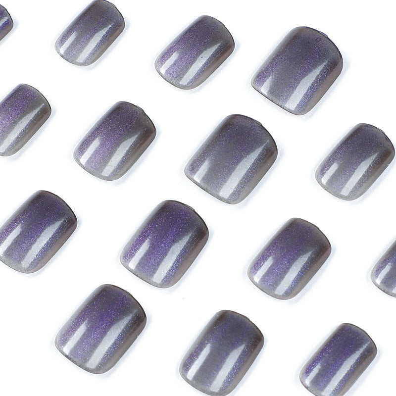 24pcs Purple Cat Eye False Nail Manicure Set Silver Glitter Reusable Acrylic Nail Tips Short Square Head for Girl Nail Art Tips