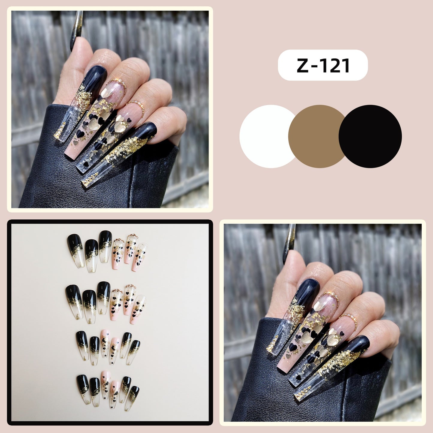 24PCS Black Gold Glitter False Nails Long Ballet Coffin with Glue French Press on Nails Wearable Full Cover Fake Nails Tips Art