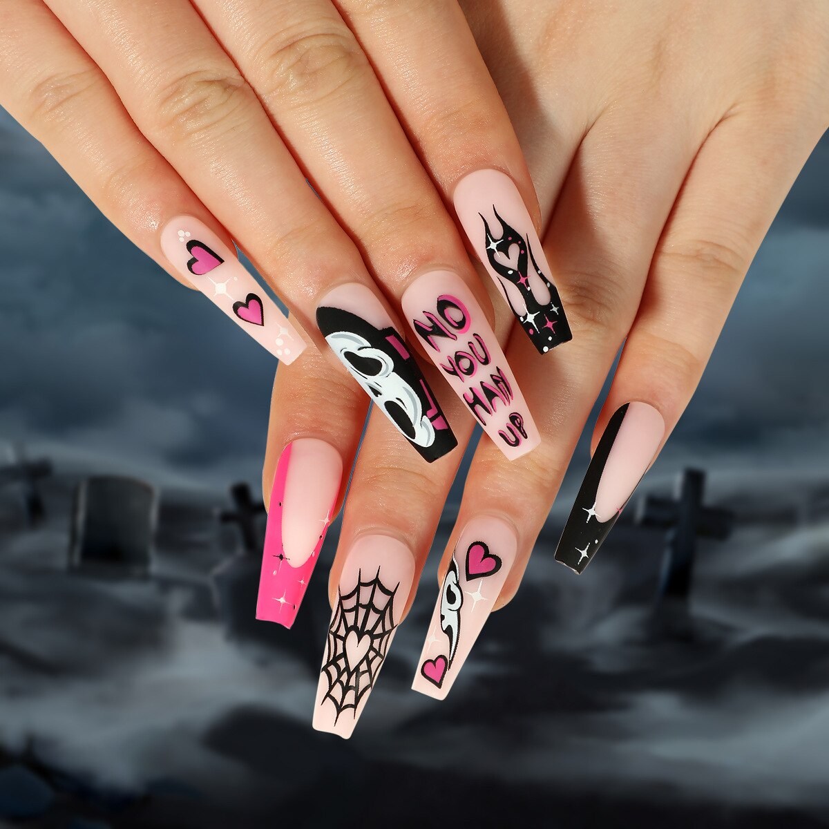 24Pcs Halloween False Nails Long Ballet Fake Nails with Ghost Cobweb Design Pink French Coffin Full Cover Press on Nail Tips