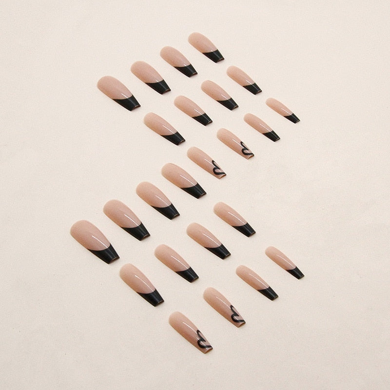 24Pc Wearable Coffin False Nails Sweet Cool Black Simple Love Press On Nails Long Ballet Stick Fake Nail Tips Full Cover Acrylic