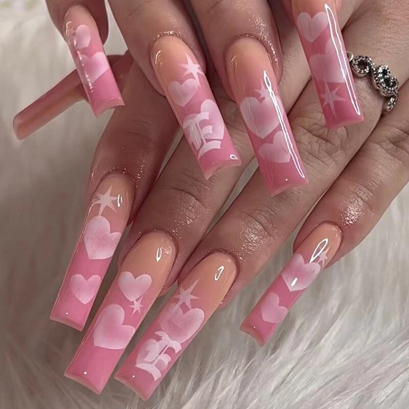 24Pcs Full Cover False Nails with Glue Long Square Coffin Fake Nails French Detachable Ballet Love Pattern Design Press on Nails