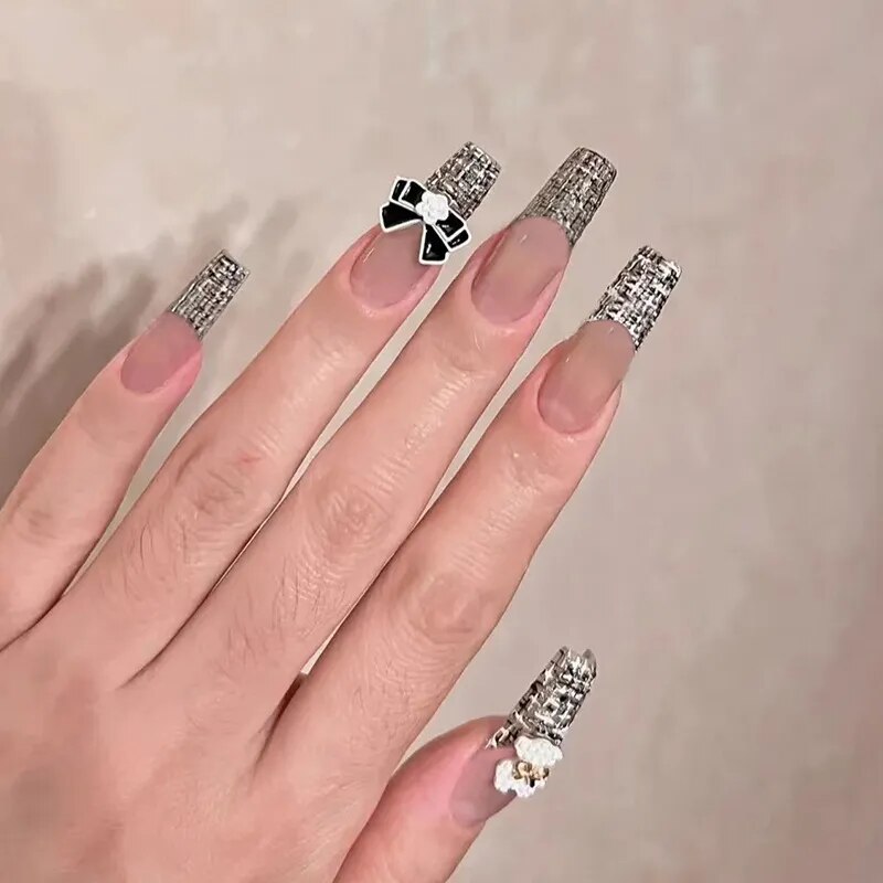 24pcs Wearable korean press on nails short ballet Artificial Nails with glue Cute sweet cool Pearl diamond Designs Fake Nails