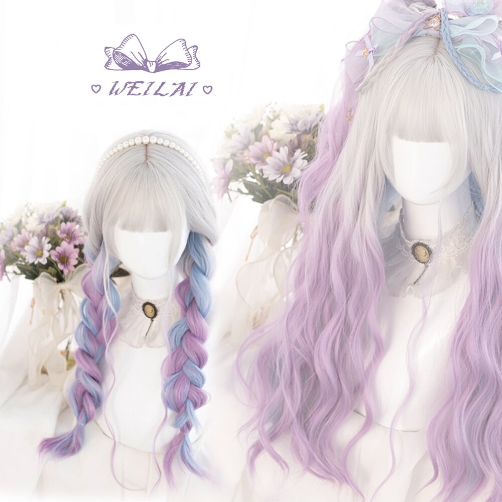 Cosplay Purple Blue High Gloss Bangs Synthetic Long Curly Hair Wig Lolita Women Heat-resistant Wig