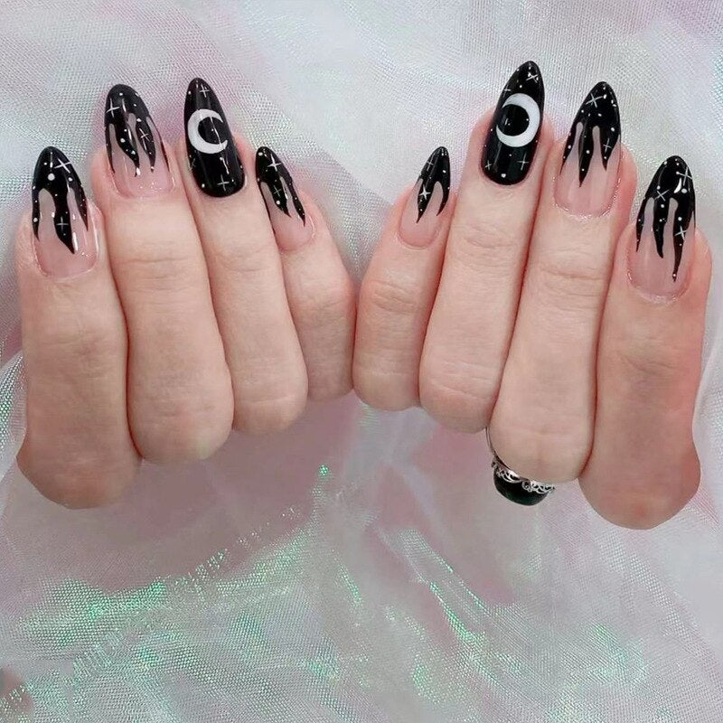 24Pcs Halloween Black Ghost Long Ballet False Nails With Heart Blood Design Halloween Press On Nails Detachable Full Cover Nails