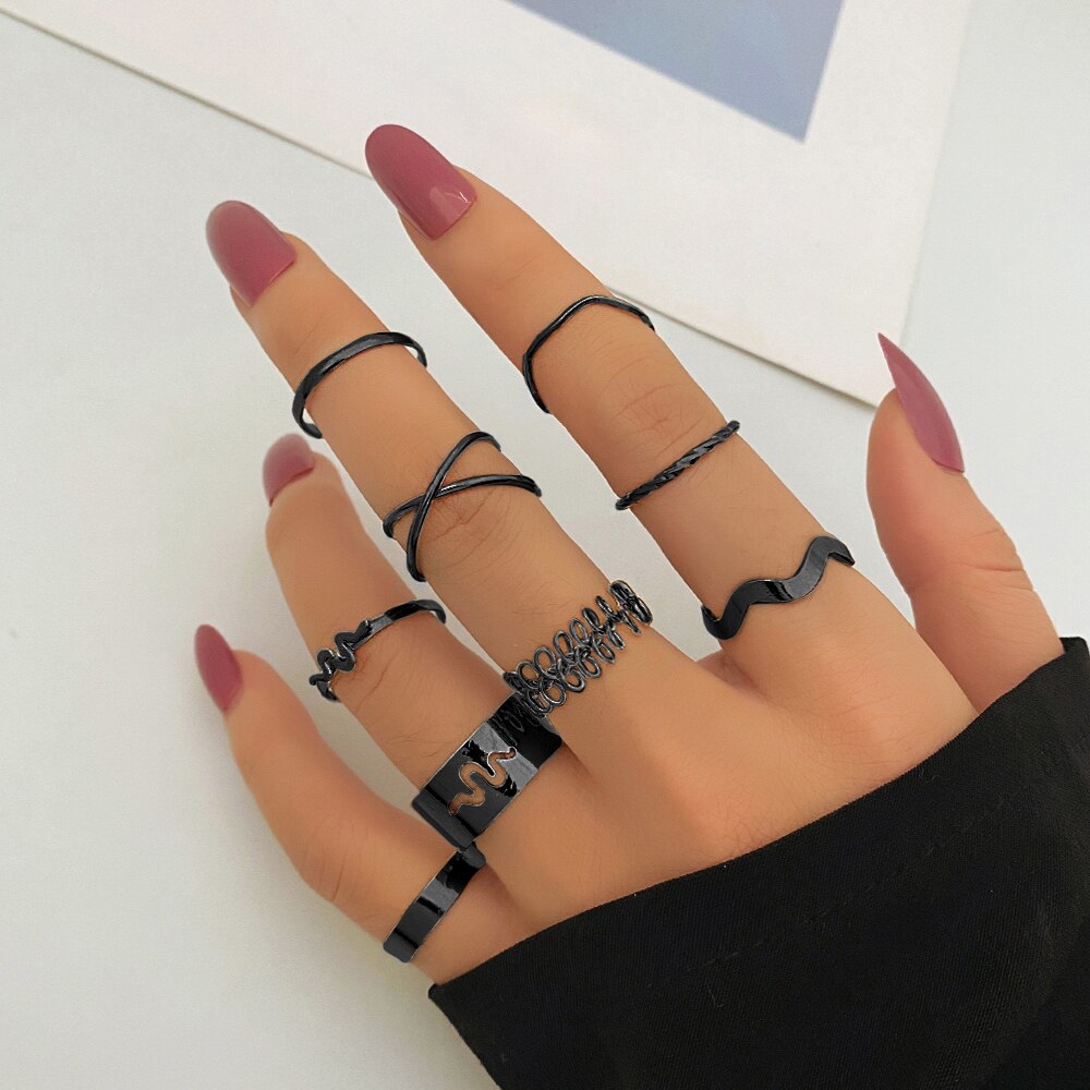 22pcs Heart Black Rings Set For Women Vintage Geometric Cross Pearl Butterfly Finger Rings Women Party Jewelry