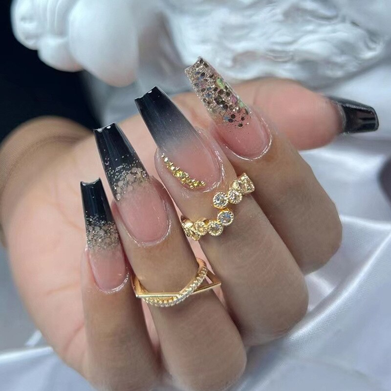 24Pcs Extra Long Ballet False Nails with Rhinestone Acrylic Square Head Fake Nails Heart-shaped Designs Wearable Press on Nails