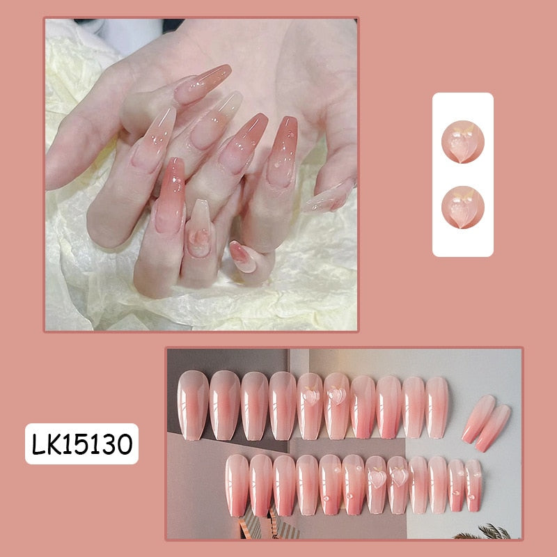 24Pcs/Set Press on Fake Nails Full Cover Artificial Nail long Simple Nail Beauty Tips Naked Pink French White Side False Nails