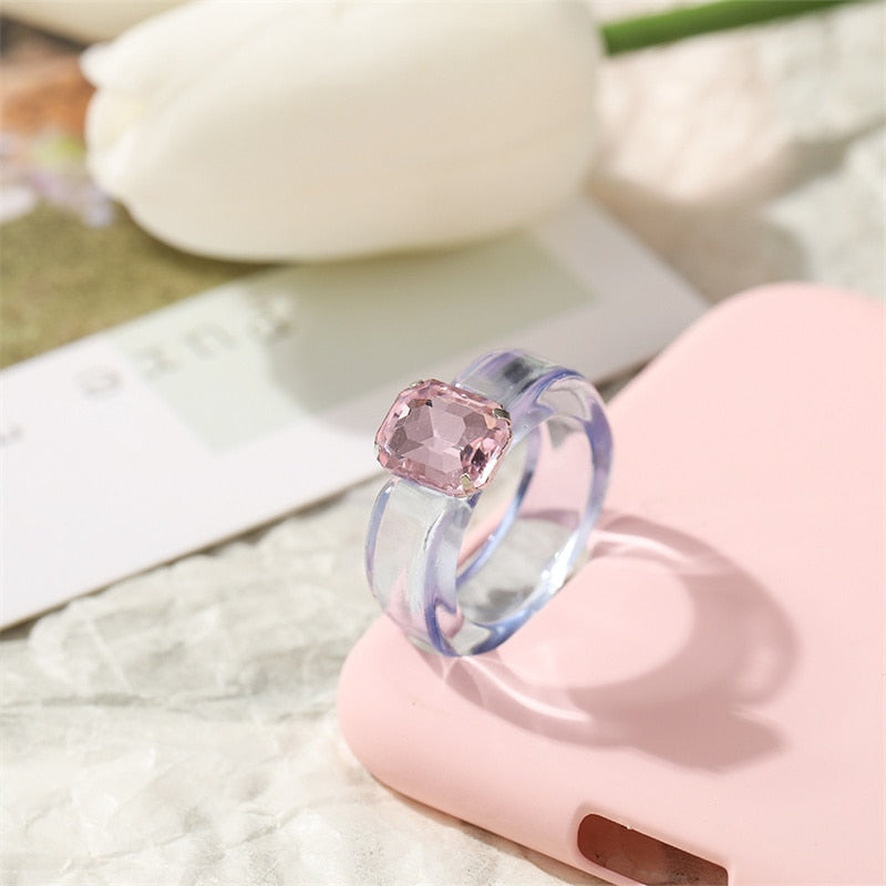 Colorful Transparent Resin Acrylic Crystal Rhinestone Simple Geometric Square Round Rings Set Jewelry