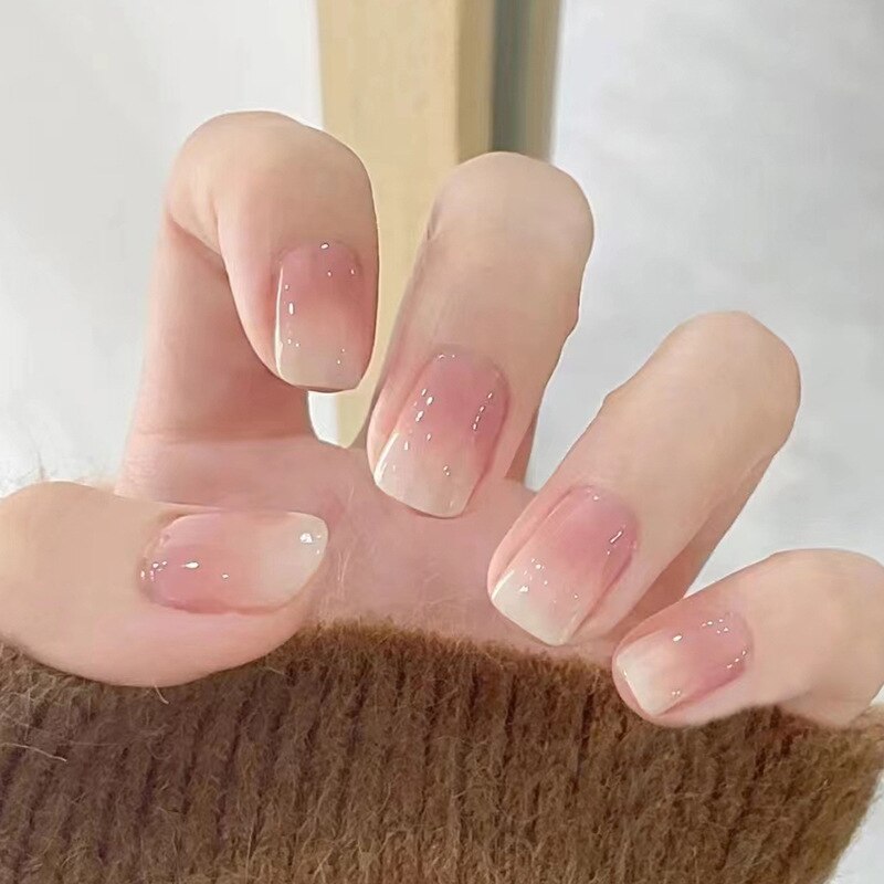 24pcs Long gradient nude false nail with glue simple artifical press on nails acrylic nails natural stick on nails set