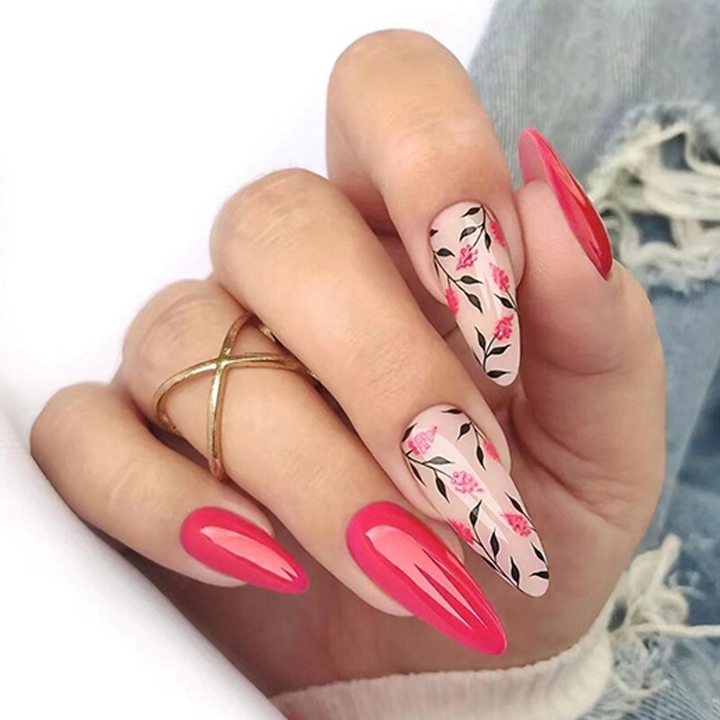 24pcs Long Stiletto False Nails Flower Tree Wearable French Fake Nails Press On Nails Leopard print Design Manicure Tips