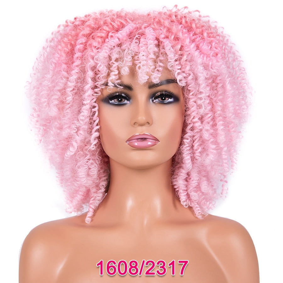 Short Kinky Curly Wigs Pink Blonde Color Curly Afro Wig Short 14 Inch Curly Bob Wig Synthetic Heat Resistant Wigs With Bangs