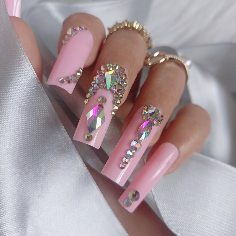 24pcs luxury jewelry wide head Crystal full of diamonds long ballet coffin fake nails deep pink