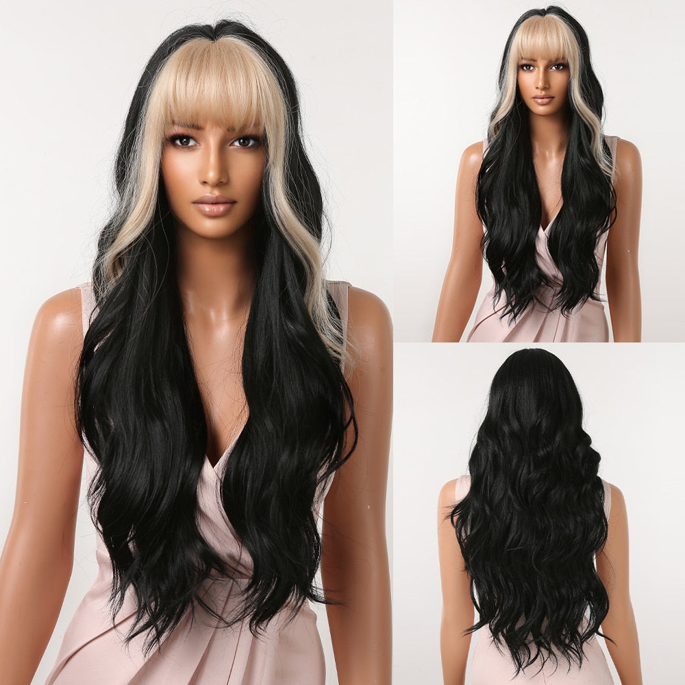 Ginger Orange Synthetic Wigs for Black Women Long Wavy Wigs with Bangs Cosplay Colored Hair Heat Resistant Body Wave Party Wig