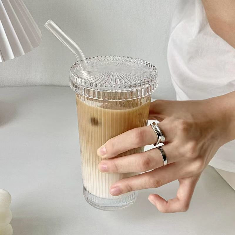 375Ml Stripe Glass Cup with Lid Straw Japanese Style Drinking Chic Mugs Milk Coffee Drinkware Tea Gifts whiskey Glasses