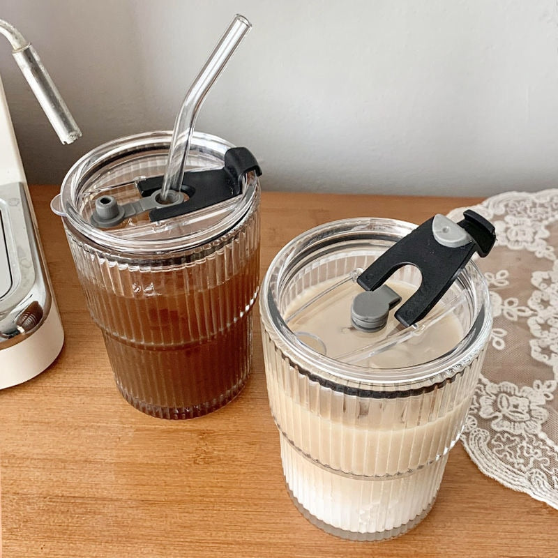 450ml Simple Stripe Coffee Glass Cup With Lid and Straw Transparent Bubble Tea Cup Juice Glass Milk Mocha Cups Breakfast Mug