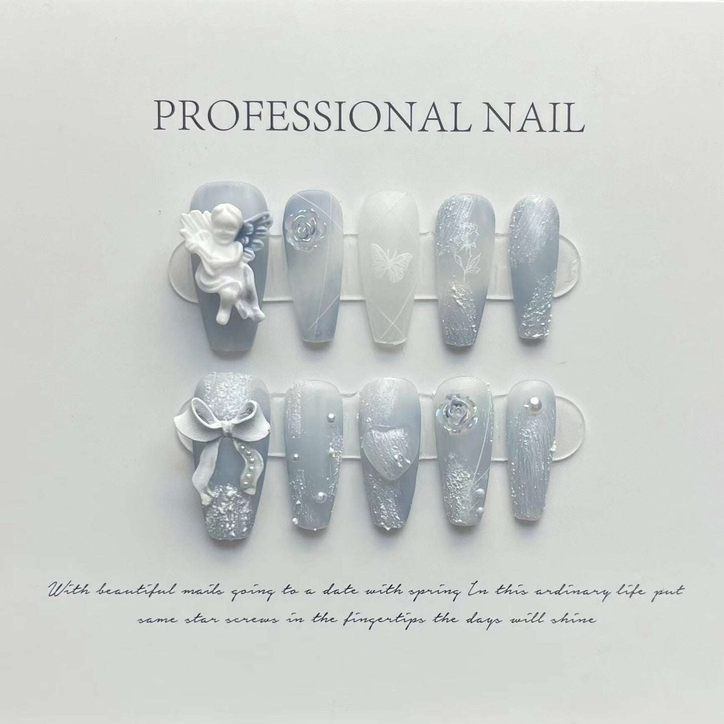 10Pcs Blue Handmade Nails Set Press on Professional Full Cover Nail Tips Manicure Angel Rose Design Wearable False Nails