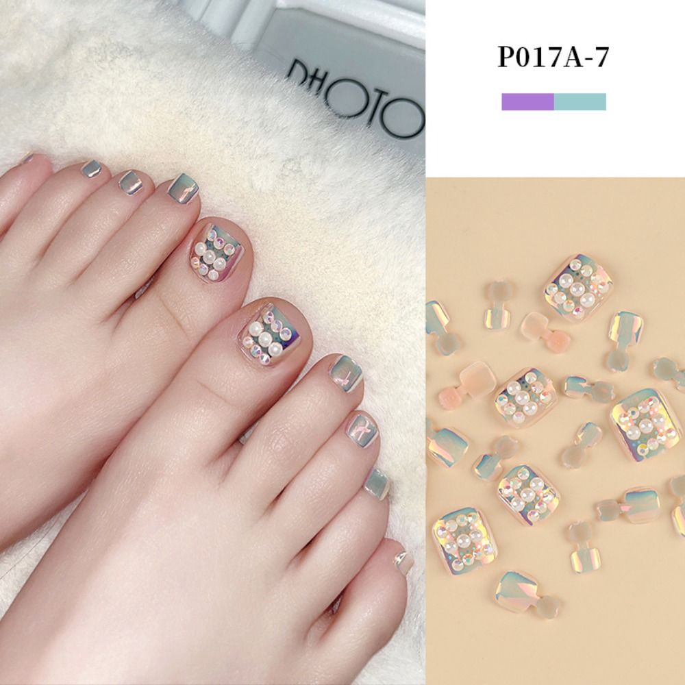 Artificial Toenails Glitter Rhinestones Sequins Fake Toenails Full Cover Short Square Toe Nails Foot Nails Tips for Women Girls