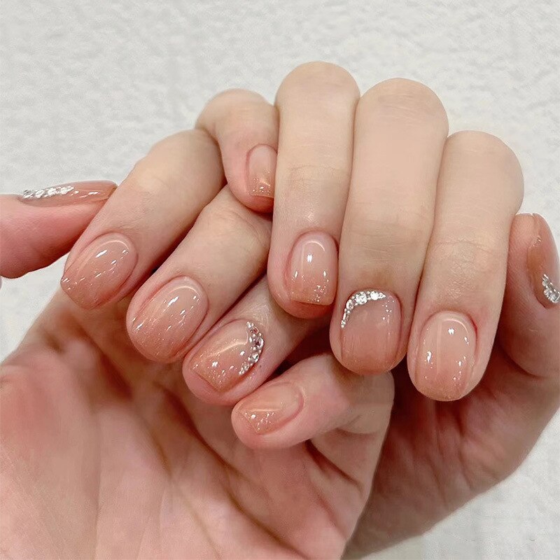 24pcs removeable short fake nails with glue Nude Pink artificial false nails with diamond designs acrylic press on nails