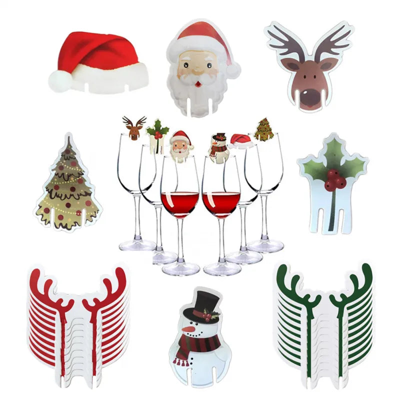 10PCS Christmas Cup Card Santa Hat Wine Glass Decor Ornaments Navidad Noel New Year Gift Christmas Decorations