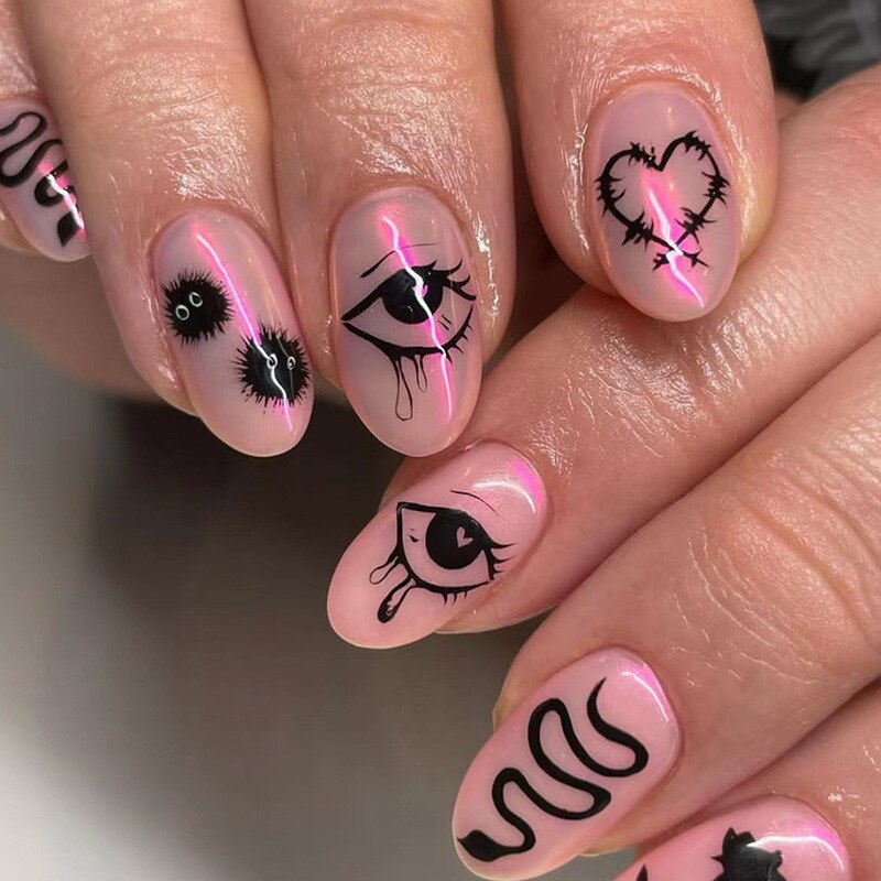 24Pcs Pink Round Head Almond Fake Nails with Heart Shape Rhinestone Wearable Ballerina False Nail Tips Full Cover Press on Nail