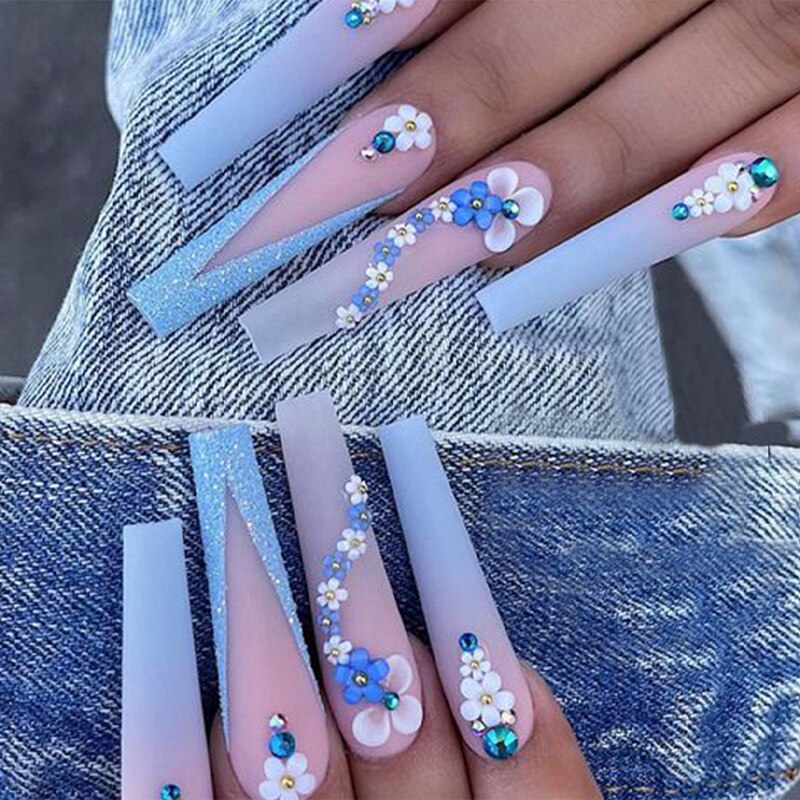 24Pcs Yellow False Nails Long Coffin Flower Butterfly with Rhinestones French Design Wearable Fake Nails Press on Nails Tips