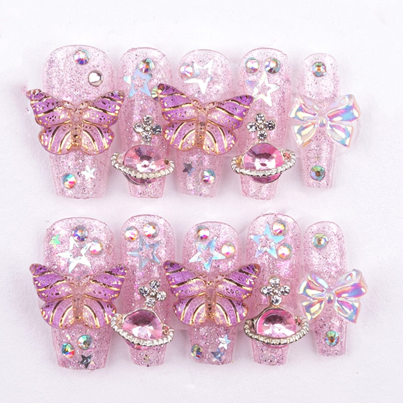 Purple Glitter Rhinestone Butterfly Handmade Press On Nails Y2K Long Short False Nails Girl Jewelry Reusable Fake Nails Tips