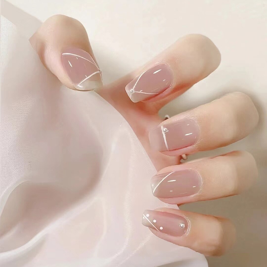 24pcs removeable short fake nails with glue Nude Pink artificial false nails with diamond designs acrylic press on nails