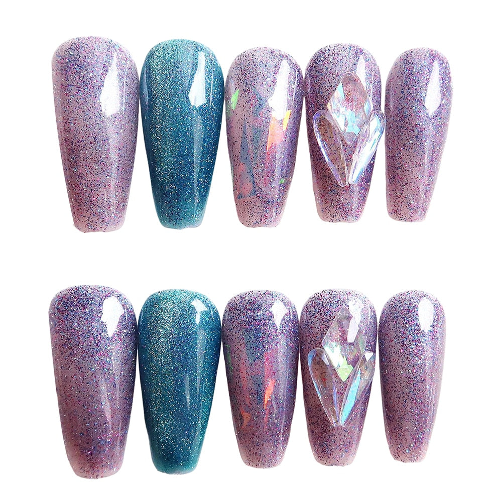 24pcs Shiny Crystal Ballerina Press on Nail Cat Eye False Nail Patch Full Finished Purple Blue Glitter Wearable Manicure Tips