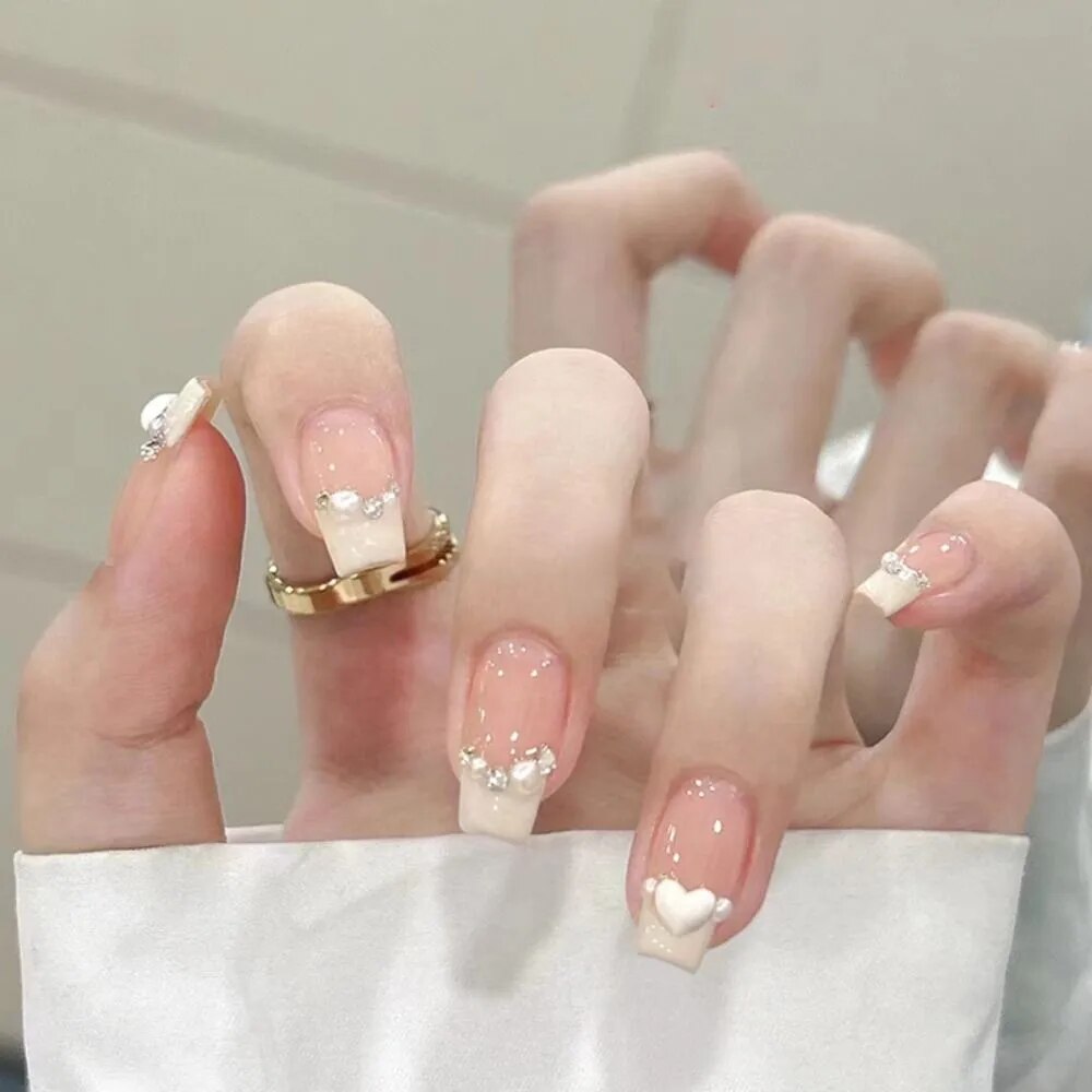 24Pcs French Coffin Pearl Bow False Nails Artificial Ballerina Fake Nails Full Cover Nail Tips Press On Nails With Press Glue