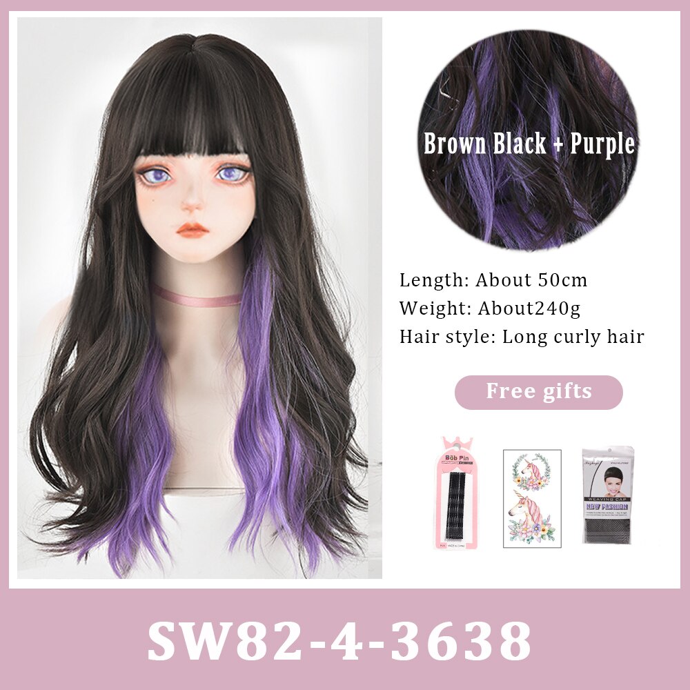 Cosplay Purple Blue High Gloss Bangs Synthetic Long Curly Hair Wig Lolita Women Heat-resistant Wig