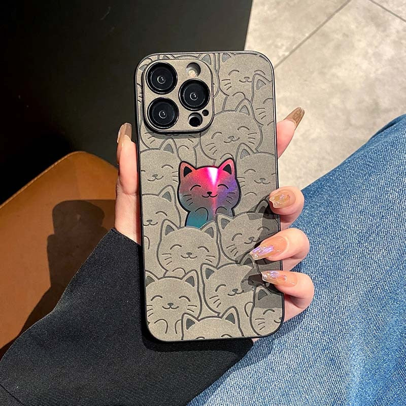 Luxury Cartoon Cats Laser Phone Case for iPhone 11 Pro Max 12 13 14 15 Pro Max 14 Plus Leather Camera Lens Protective Case