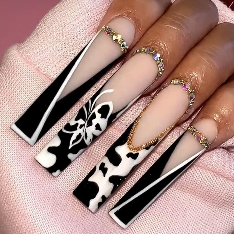 24Pcs Full Cover False Nails with Glue Long Square Coffin Fake Nails French Detachable Ballet Love Pattern Design Press on Nails