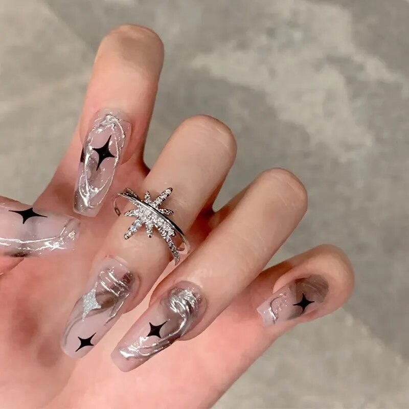 24pcs/box gradient French artifical nails with glue shiny star Fake Nails Lovely Girl korean press on nails ballerina False Nail