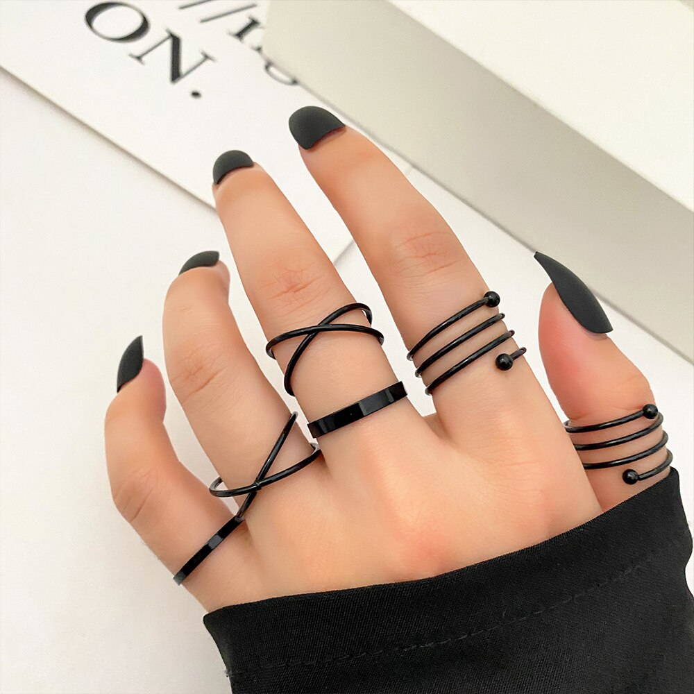 22pcs Heart Black Rings Set For Women Vintage Geometric Cross Pearl Butterfly Finger Rings Women Party Jewelry