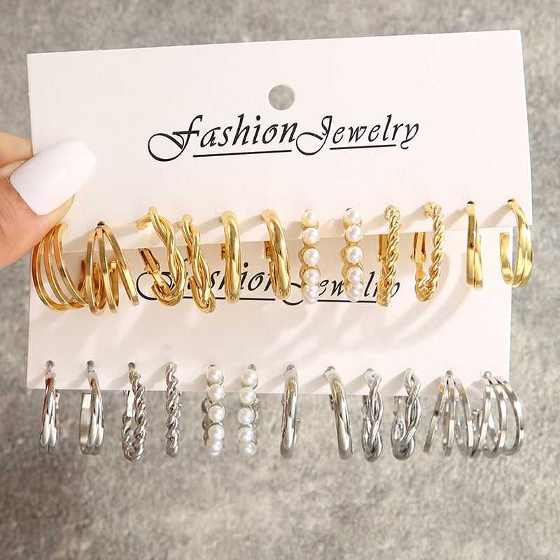 17KM Gold Color Twist Hoop Earrings Set for Women Girls Heart Pearl Metal Earring