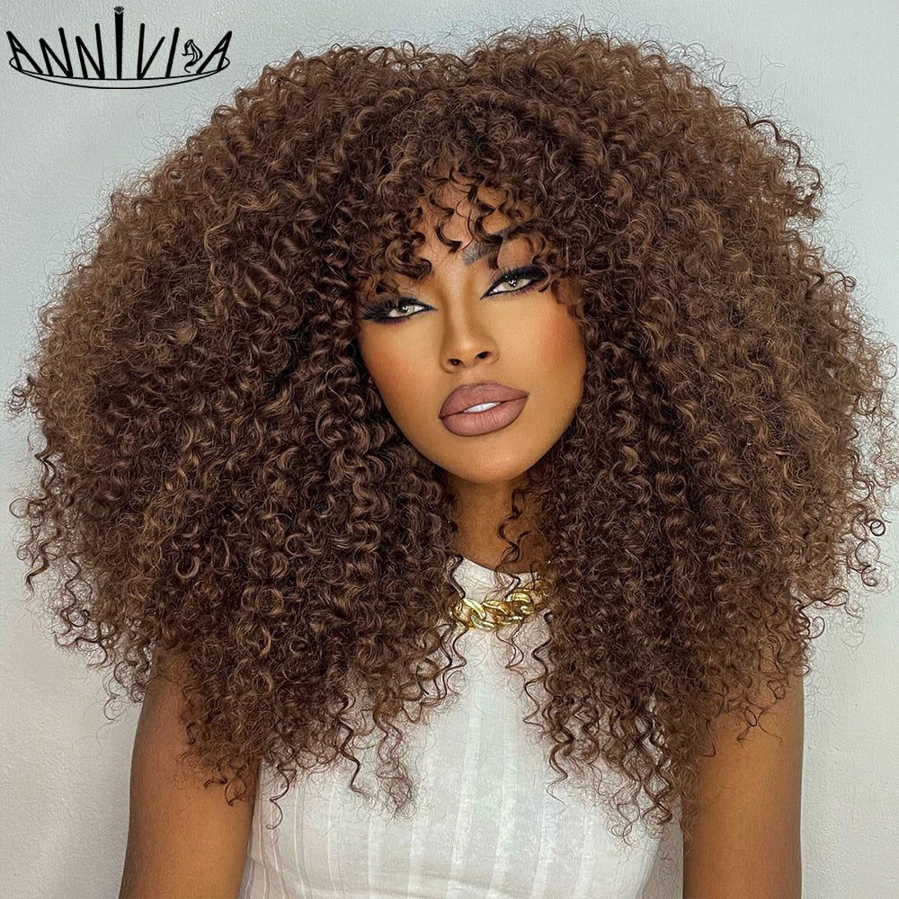 Short Hair Afro Kinky Curly Wigs With Bangs For Black Women Fluffy Synthetic African Ombre Glueless Brown Blonde Cosplay Wigs