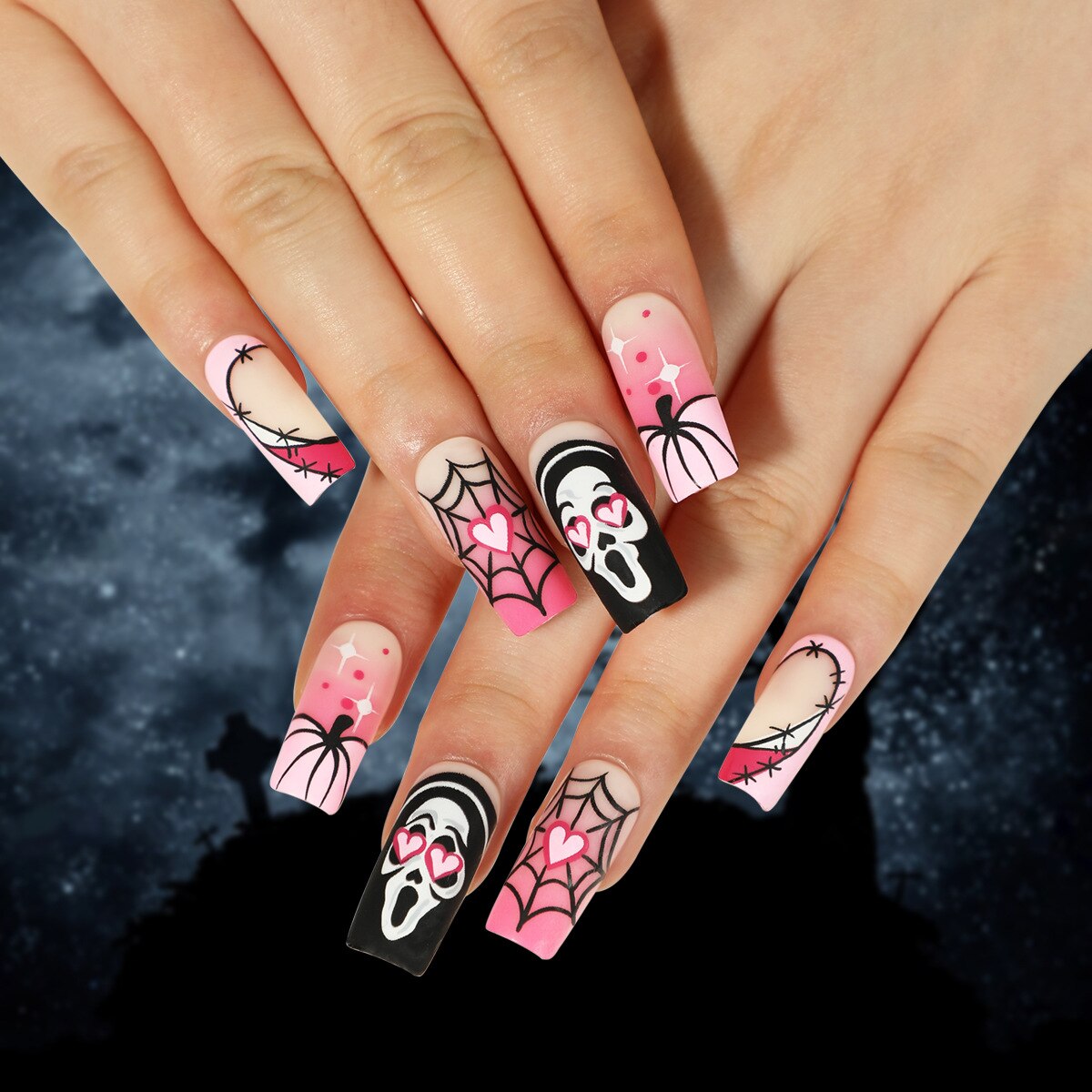 24Pcs Halloween False Nails Long Ballet Fake Nails with Ghost Cobweb Design Pink French Coffin Full Cover Press on Nail Tips