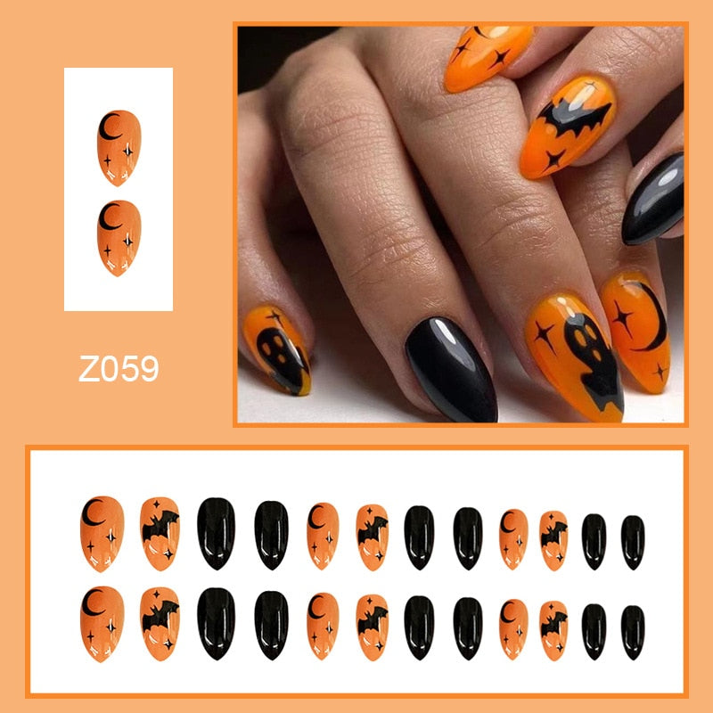 24Pcs Halloween Black Ghost Long Ballet False Nails With Heart Blood Design Halloween Press On Nails Detachable Full Cover Nails